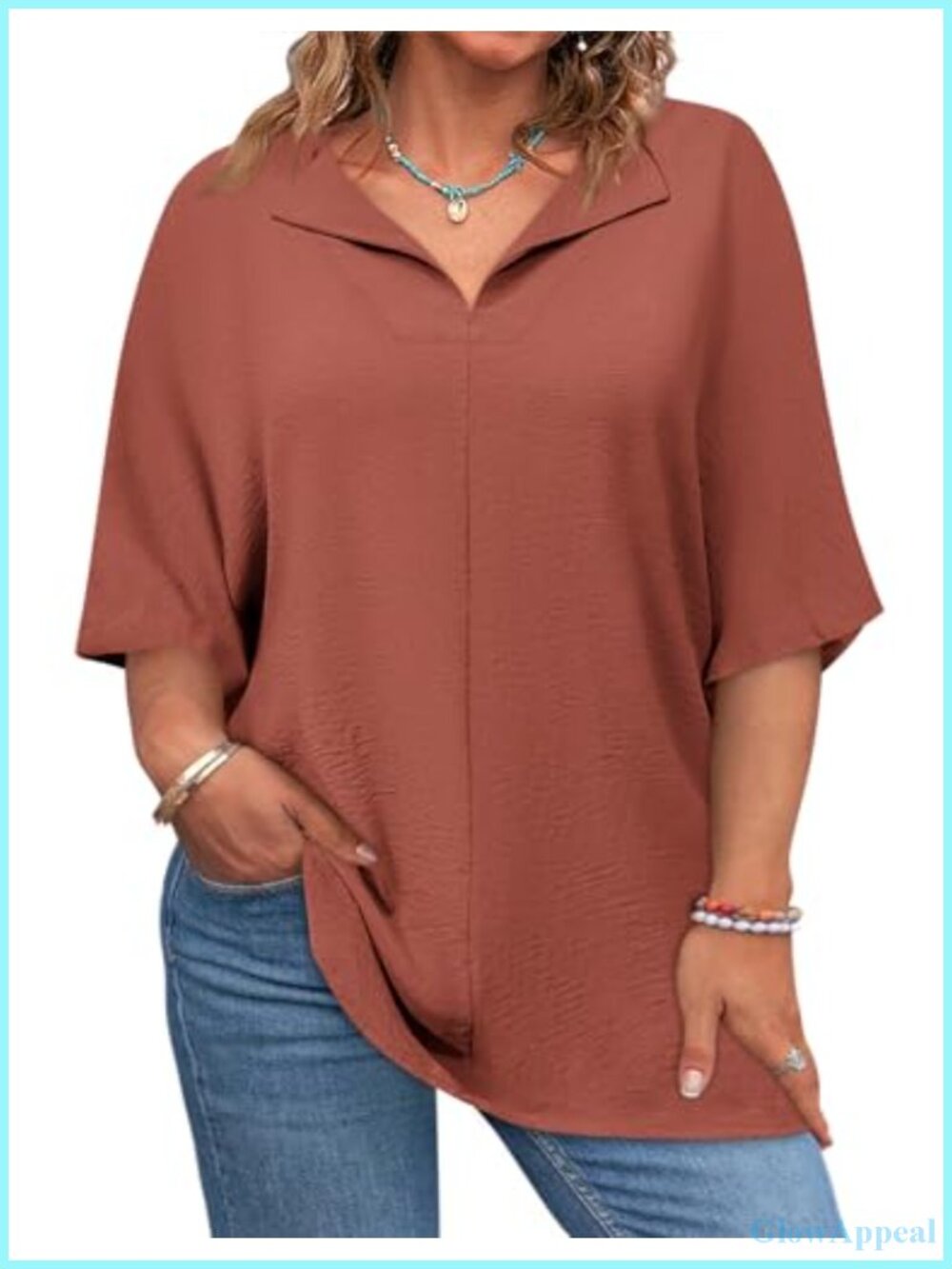 Plus Size V Neck 3/4 Sleeve Tunic Summer Blouse